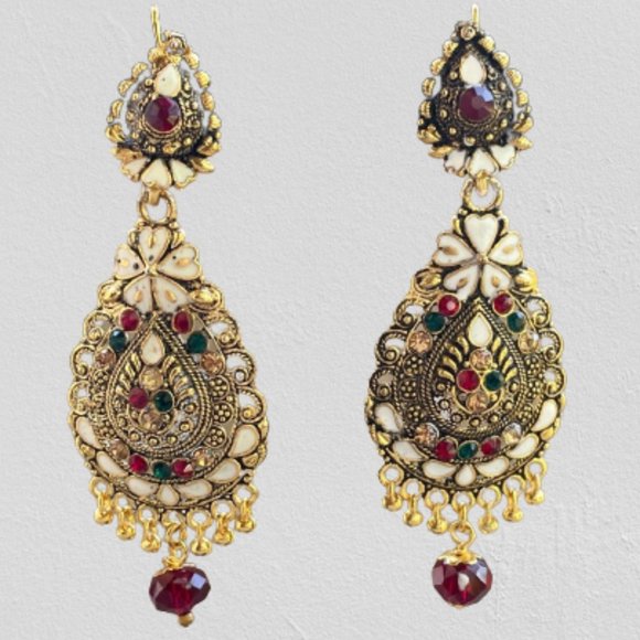 Women Earrings Fashion Gold Tone Multi Color Crystal Accents Drop Down Ethnic - Picture 1 of 12